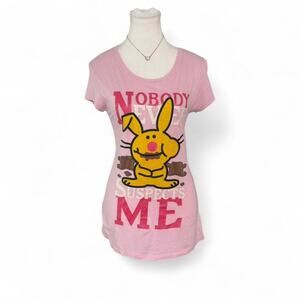 Jim Benton Happy Bunny Baby Pink Y2K Baby Tee fitted full length size Large